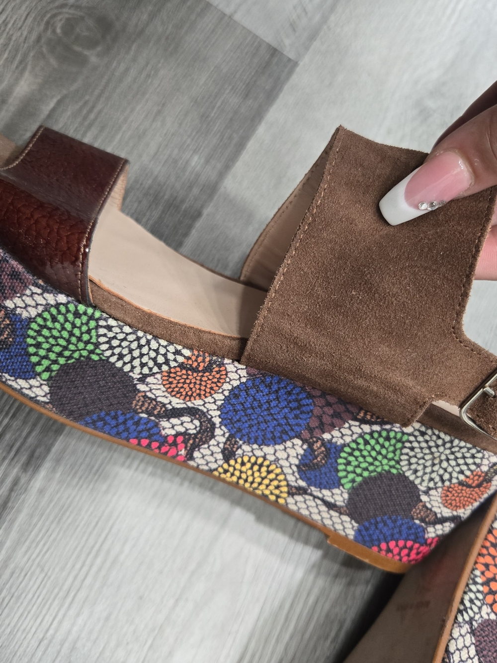 Brown Suede Platform Sandals with Colorful Printed Wedge - Picture 4 of 7